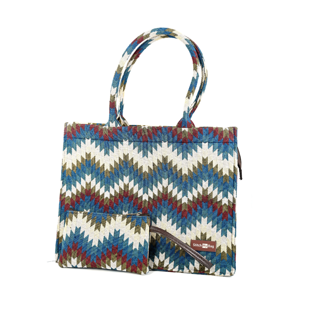 Aztec Wave Tote with Matching Pouch – Blue Mix